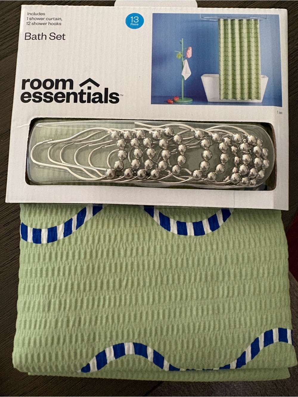 Room Essentials Light Green Waffle Shower Curtain with Blue Stripe Accents